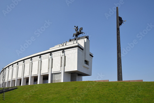 Museum of Victory and main obelisk in form of soldier's bayonet with bronze goddess of victory Nika and statue of St. George Victorious at foot, Moscow, Russia