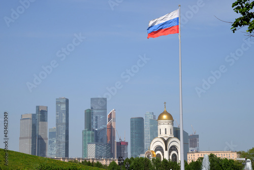View of Moscow City and Church of St.Gergius Victorious from Poklonnaya Hill in Victory Park, Moscow, Russia