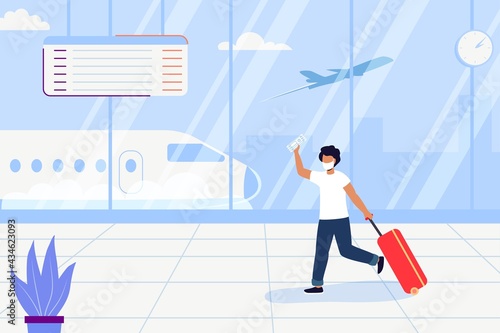 Man with bag late for the plane Vector illustration Man with luggage running in a hurry in airport terminal Young tourist with luggage in departure hall Passenger in hurry to checking Travel concept