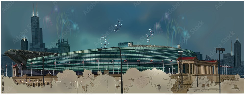 Multimedia (pen and ink + digital) painting of Chicago football field Multimedia (pen and ink + digital) painting of Chicago football field