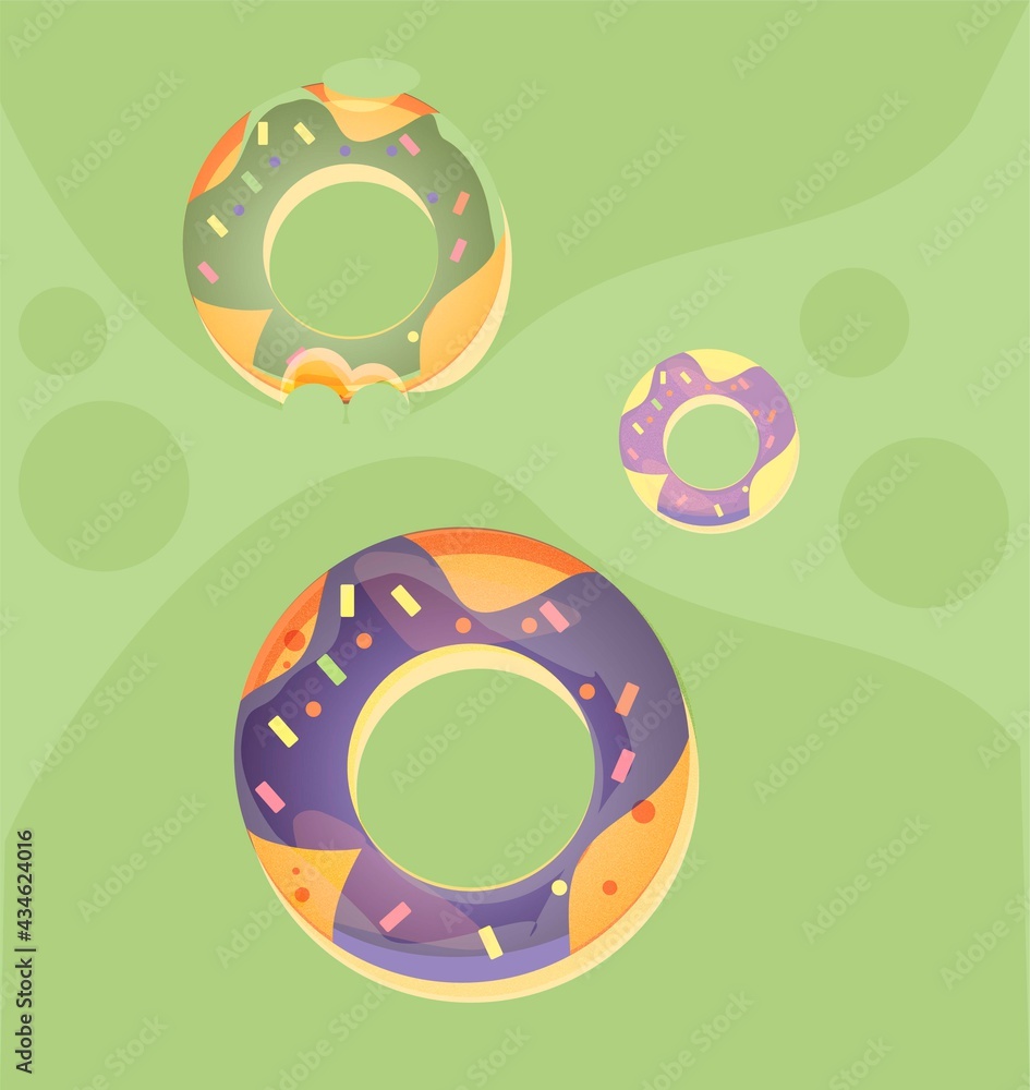 Three colourful dougnuts, one is bitten. Three colourful dougnuts, one is bitten.