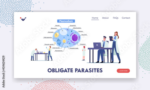 Scientists Characters Learning Plasmodium Parasites Landing Page Template. Tiny Microbiology Doctor at Huge Infographics