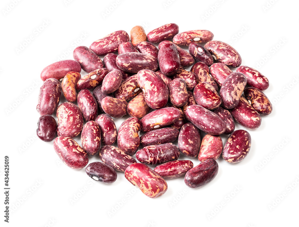 pile of red spotted pinto beans closeup on white pile of red spotted pinto beans closeup on white