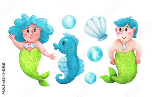 mermaid and a newt with blue hair, a seahorse, a shell, bubbles. A set of watercolor children's illustrations of a fairy-tale character. Cartoon style. Stock image isolated on a white background.