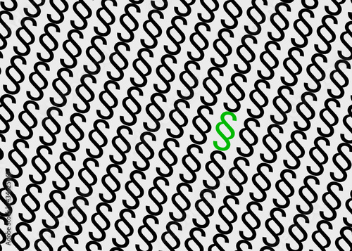 Diagonal angeordnete schwarze Paragraphen von denen eine grün ist