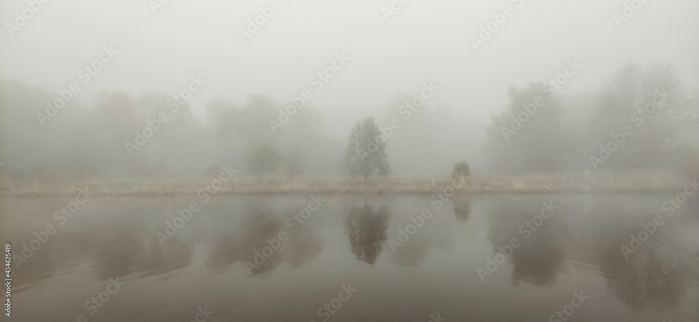 Beautiful scenic foggy river in the morning. Beautiful scenic foggy river in the morning.