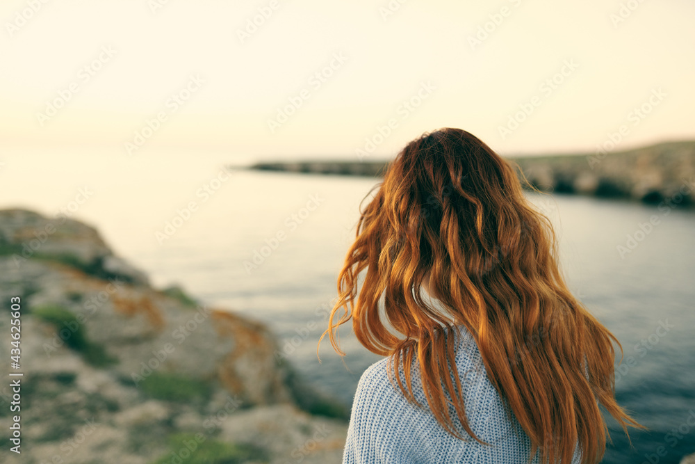 Fototapeta premium Cheerful woman travel landscape nature walk fresh air