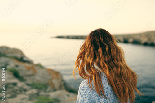 Cheerful woman travel landscape nature walk fresh air