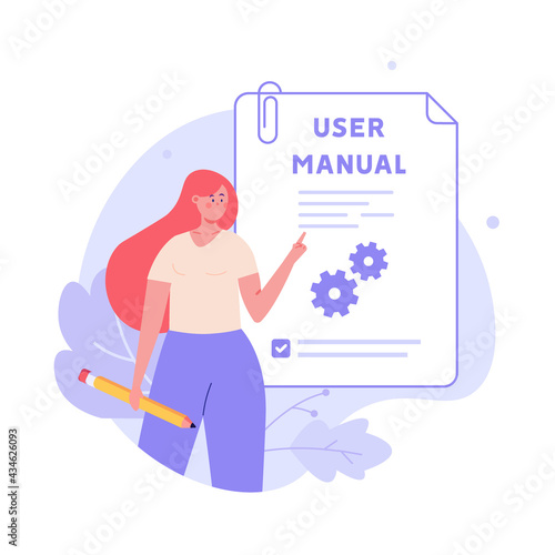 Woman read user manual book. Manager reading and writing guide instruction. Concept of customer guide, useful information, technical document. Vector illustration in flat design for UI, web banner