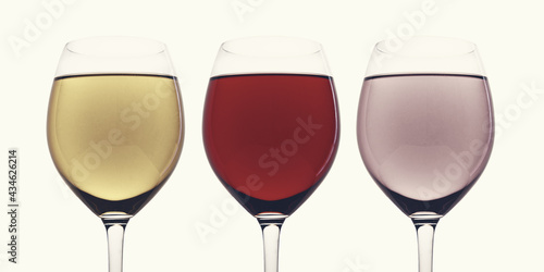 Three glasses of red, white and pink wine, isolated on white background. Wineglass close-up