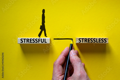 Stressful or stressless symbol. Blocks with words stressful, stressless. Yellow background. Businessman hand, businesswoman icon. Psychological, business, stressful or stressless concept. Copy space. photo