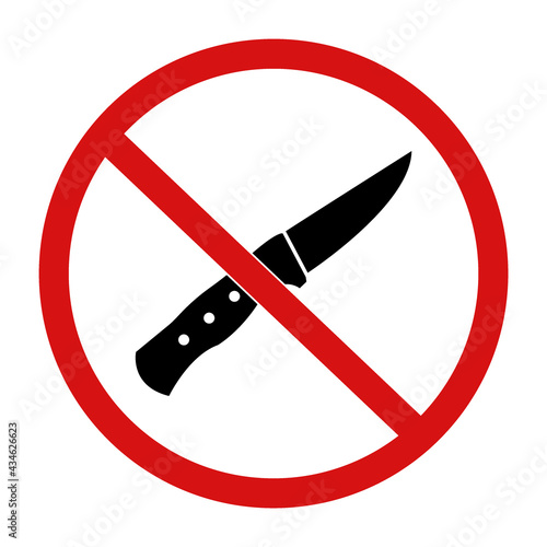 Knife prohibition . Flat style. Red circle. Warning sign. Black and red colors. Stock vector illustration on white isolated background.