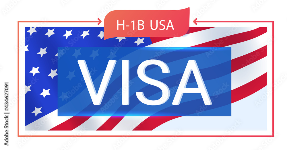 Fototapeta premium H-1B visa, for hiring foreign specialists. On the background of the American flag. Horizontal banner for articles.