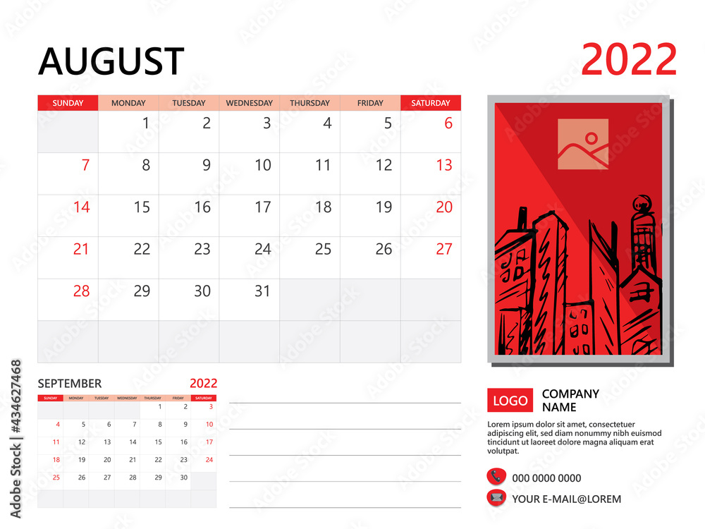 Calendar planner 2022 and Set of 12 Months, August 2022 template, week