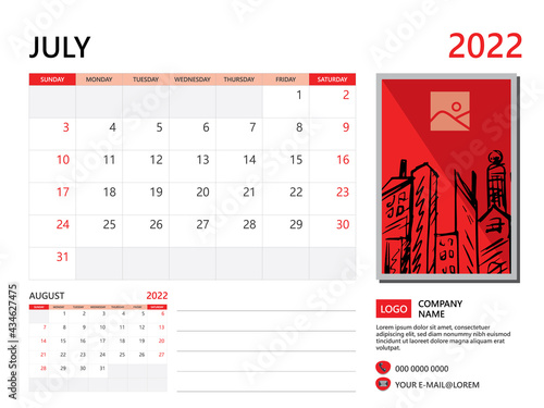 Calendar planner 2022 and Set of 12 Months, July 2022 template, week start on Sunday, Desk calendar 2022 design, simple and clean design, Wall calendar, Corporate design planner template vector