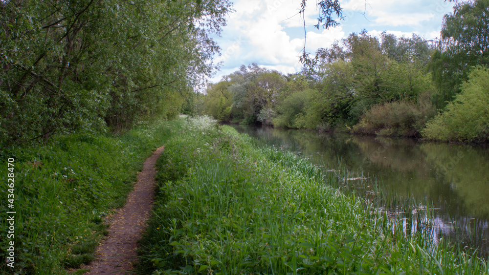 River Nene in the woods with dirt path River Nene in the woods with dirt path