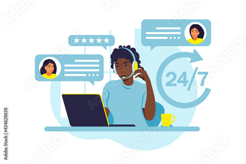 Customer service concept. African woman with headphones and microphone with laptop. Support, assistance, call center. Vector illustration. Flat style