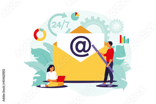 Email marketing, internet chatting, 24 hours support concept. Vector illustration. Flat.