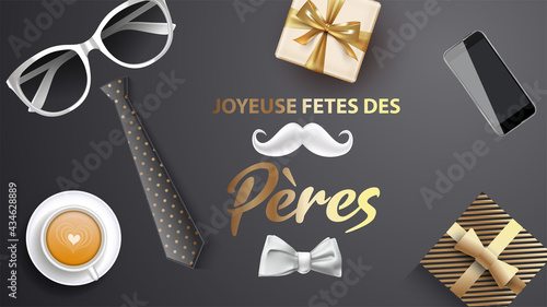 carte ou bandeau sur la Fête des pères en or sur un fond gris en dégradé avec autour deux cadeaux, des lunettes, une cravate, noeud papillon, moustache, tasse à café, et un téléphone