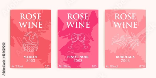 Wine label design. Three saturated rose shades. Minimalistic composition of liquid splash spots. Contemporary outline art. Vector cards