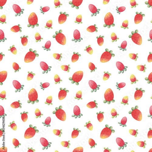 Cute seamless pattern with strawberry berries. Watercolor illustration juicy strawberry background. Natural texture for fabric, menu, textile, wrapping paper.