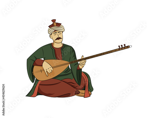 Turkish Man Plays On Saz Baglama. Folk Turkish musical instrument.
