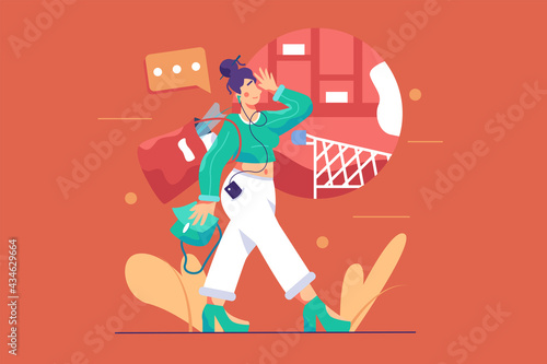 Happy woman walks from store