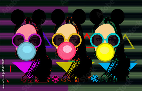 Retro pop art background with girls having sunglasses and chewing gum vector