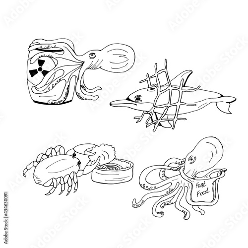 Vector hand drawn black illustration about pollution of the oceans, save the ocean concept. Eco problem,  different garbage. a dolphin in a fishing net, an octopus near the toxic and in a plastic bag