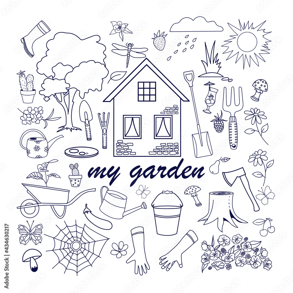 Obraz premium Vector gardening doodle set, hand drawn isolated design of gardening elements. Insects, vegetables, fruits, and gardening tool