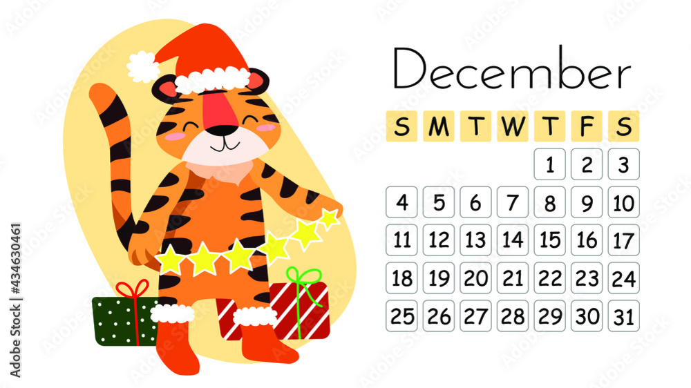 Fototapeta premium Horizontal desktop children's calendar design for December 2022, the year of the Tiger in the Chinese calendar. Cute tiger in santa costume with garland and gifts. Christmas. Vector illustration