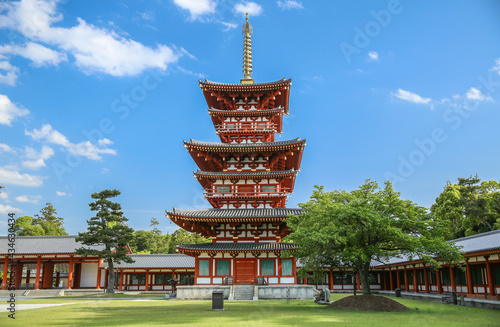 Yakushiji Temple in Nara is one of the famous ancient Japanese Buddhist Temples in Japan. This pagoda is one of two pagodas within the temple grounds. © Red Pagoda