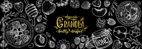 Granola ingredients illustration. Oat flakes , berries, fruits and nuts hand drawn sketch. Granola Breakfast top view frame. Muesli food menu design. Hand drawn vector illustration. Granola design