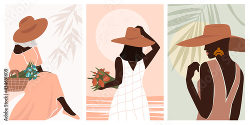 Set attractive young woman in a hat sits with a basket of flowers in a long romantic dress. Modern minimalistic abstract portrait of a dreamy girl for postcard poster, social media, banner. Vector.