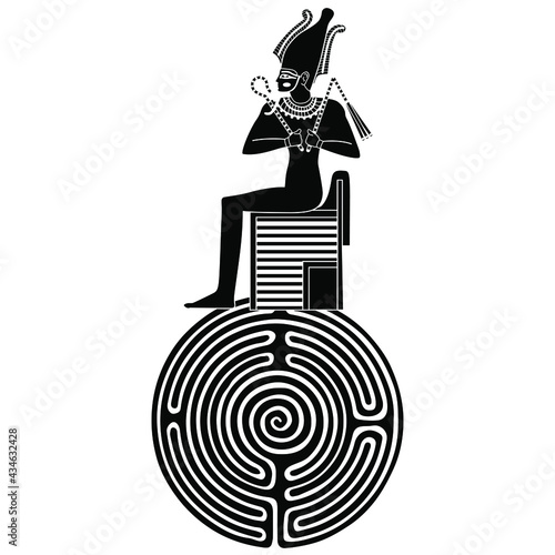 Ancient Egyptian enthroned god Osiris sitting on top of round spiral maze or labyrinth symbol. Black and white silhouette. Creative concept for culture and mysteries of the past.