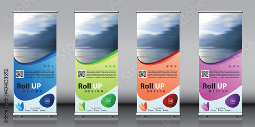 Roll up banner design collection with  red green blue purple colorful artwork and image. Editable vertical template vector set, modern standee and flag banner