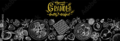 Granola ingredients illustration. Oat flakes , berries, fruits and nuts hand drawn sketch. Granola Breakfast top view frame. Muesli food menu design. Hand drawn vector illustration. Granola design