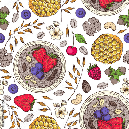 Granola , muesli seamless pattern . Oat flakes and breakfast bowl hand drawn. Granola Breakfast. Muesli food menu design. Hand drawn vector illustration. Granola design, porridge for breakfast
