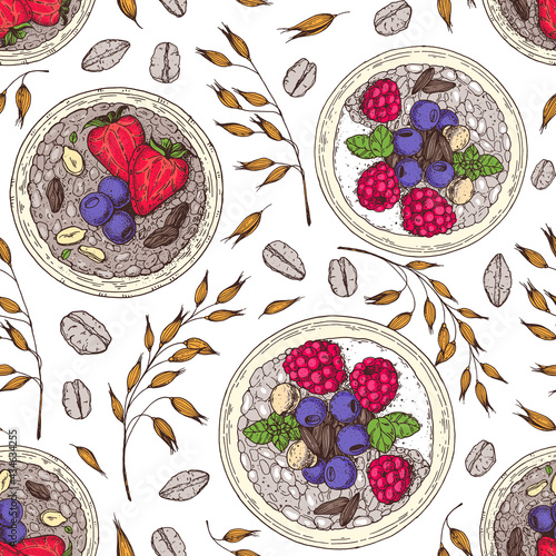 Granola , muesli seamless pattern . Oat flakes and breakfast bowl hand drawn. Granola Breakfast. Muesli food menu design. Hand drawn vector illustration. Granola design, porridge for breakfast