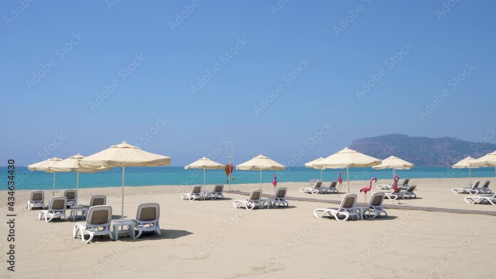 Empty sandy beach with palm trees and no people at tropical resort during covid 19 outbreak, sun loungers by the ocean or sea with on hot summer day in pandemic time Empty sandy beach with palm trees and no people at tropical resort during covid 19 outbreak, sun loungers by the ocean or sea with on hot summer day in pandemic time