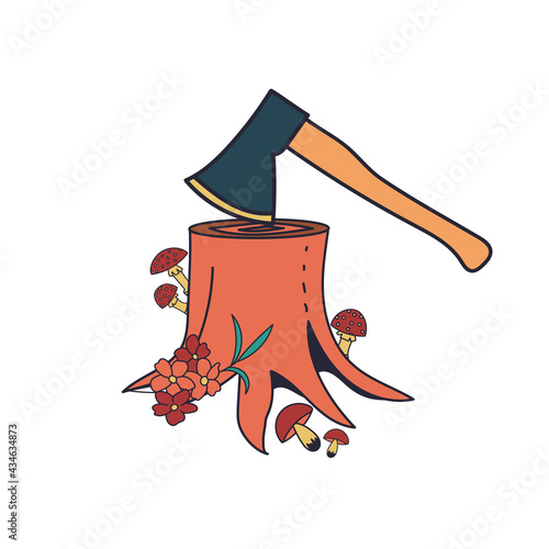 Old tree stump with roots and axe vector image.