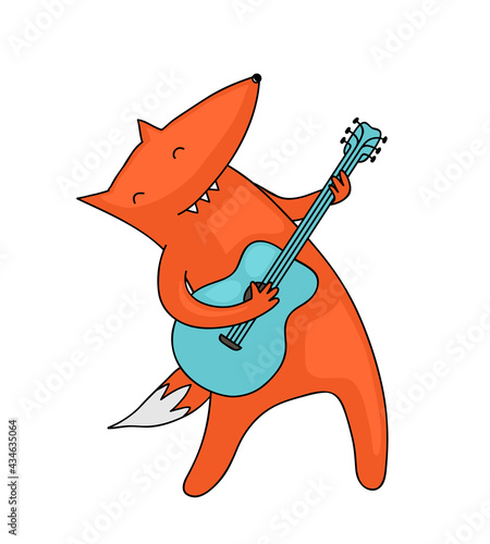 Cute and funny illustration of a fox playing the guitar with passion