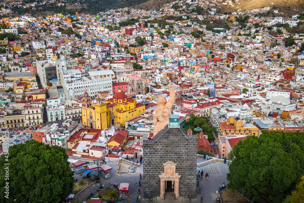 Aerial view of the Historic Center of Guanajuato City in Guanajuato, Mexico.