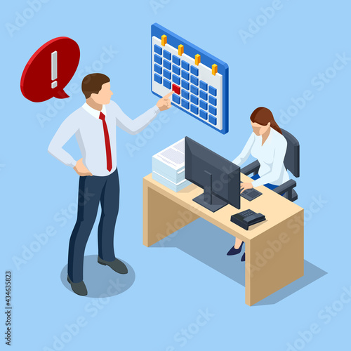 Isometric office workers and business people working overtime at deadline. Project deadline. Deadline Concept of overworked woman.