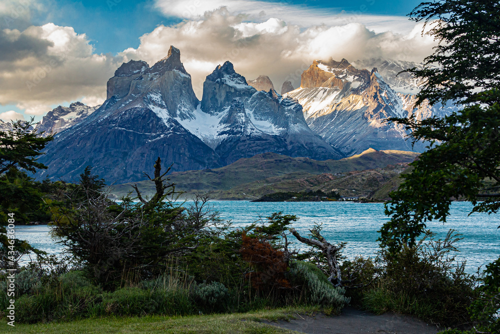 paisagem com grama e arbustos e as águas turquesa do lago Pehoe e ao fundo as cadeias montanhosas das torres do painel