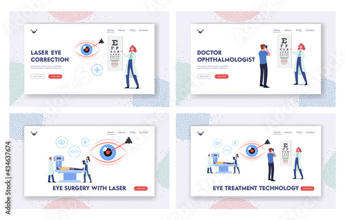 Eye Treatment Technology Landing Page Template Set. Professional Optician Exam for Laser Correction, Vision Surgery