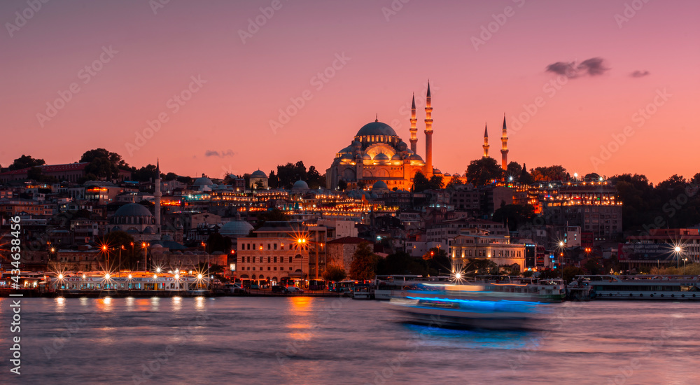 Sunset in Istanbul Blue Mosque panorama