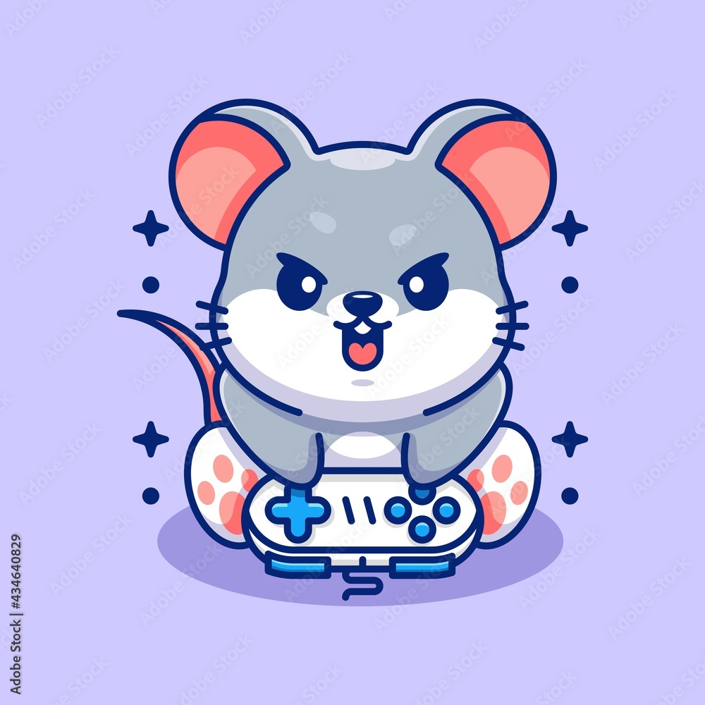Cute mouse playing gaming cartoon