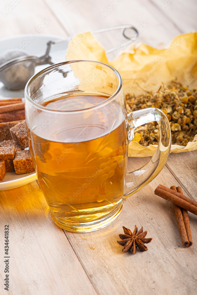 Hot chamomile tea made of wild flowers Hot chamomile tea made of wild flowers
