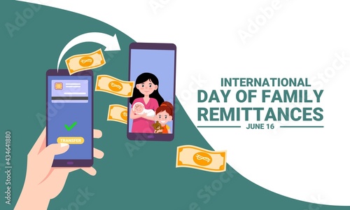  illustration of a father transferring money using the m-banking application on a smartphone, as a banner or poster, The International Day of Family Remittances (IDFR).